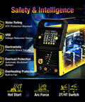 All In One 200 Amp MIG Welder With 110 And 220V Dual Voltage 7 Mode Multi Process Aluminum Workhorse with safety features shown