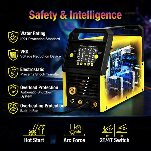 All In One 200 Amp MIG Welder With 110 And 220V Dual Voltage 7 Mode Multi Process Aluminum Workhorse with safety features shown