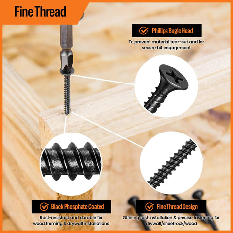 Heavy Duty Workhorse 6 X 1 1/4 Fine Thread Drywall Screws Self Tapping Phillips Drive showing black phosphate coating and fine thread design.