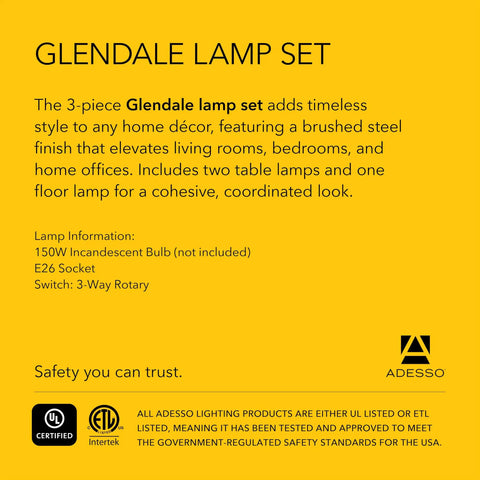 Information card for Glendale lamp set, describing a 3-piece set with brushed steel finish and product specifications.