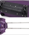 Wheels and handle of Underseat Rolling Carry On Bag 17x13x8 Inches Personal Item For JetBlue Spirit Frontier And Most Airlines Purple Duffel