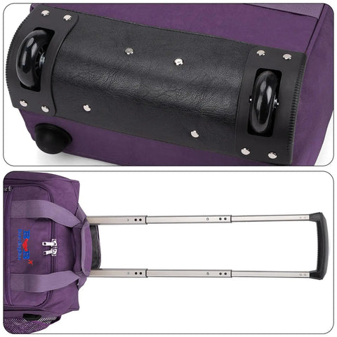 Wheels and handle of Underseat Rolling Carry On Bag 17x13x8 Inches Personal Item For JetBlue Spirit Frontier And Most Airlines Purple Duffel