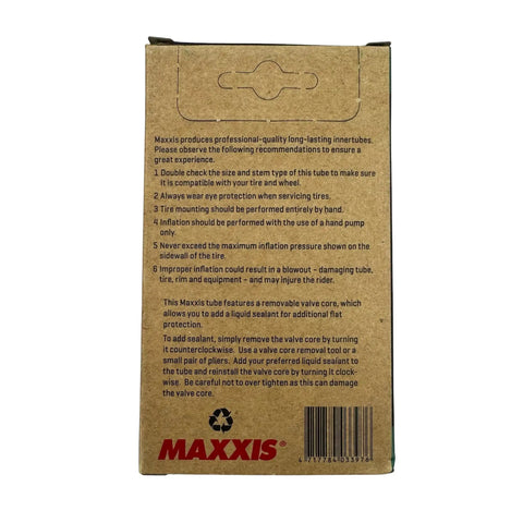 Packaging of Welter Weight 27.5 Inch Bicycle Inner Tube With 36mm Presta Valve And Removable Core, product info visible
