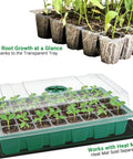 Seed Starter Tray Kit With Humidity Domes And Base 5 Pack No Fuss Setup for 200 Cells, transparent tray showing plant roots.