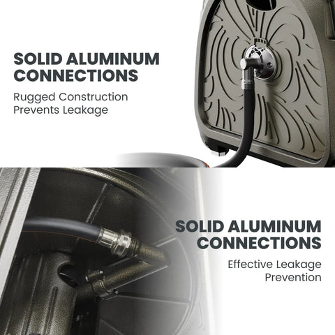 Heavy Duty Metal Hose Reel Box With Crank Handle for easy winding, showing solid aluminum connections for 150-foot hose storage.
