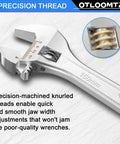 Close-up of 4 Piece Adjustable Wrench Set Featuring 6 8 10 12 Inch Wrenches, Industrial Grade Heavy Duty Chrome Vanadium Steel, Wide Jaw Opening