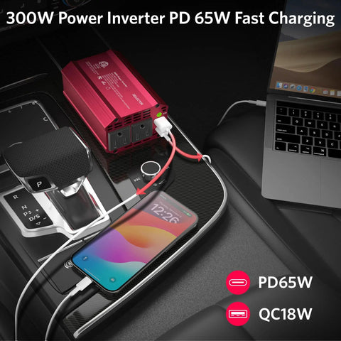 Portable 300W Power Inverter Converts Dc 12V To Ac 110V With Dual Ac Outlets And Usb C Pd 65W Usb A Fast Charge Ports, charging phone in car.
