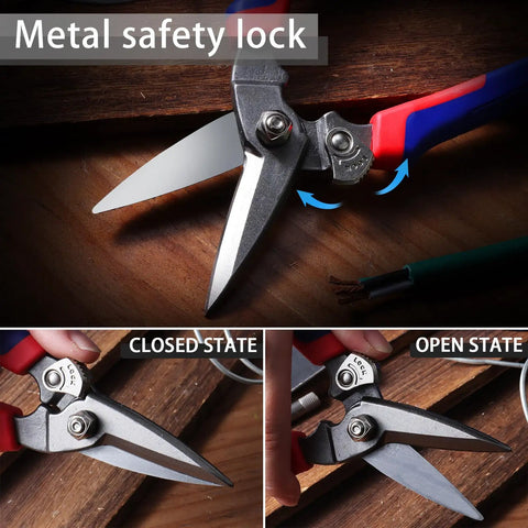 Heavy Duty Industrial Scissors For Home And Workshop Use, Aviation Tin Snips For Cutting Thin Metal Sheets, 8 Inch Blue Handle