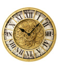 18 Inch Big Boy Gear Wall Clock With Smooth Rotating Cogs And Crisp Gold Roman Numerals features gold gears and a vintage style.