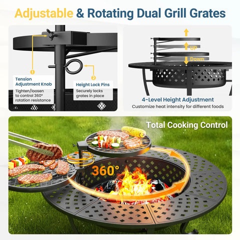 Three In One Extra Large Outdoor Fire Pit Table with adjustable grill grates and control knobs for backyard hangouts
