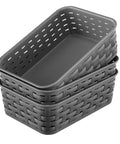 3 Pack Small Plastic Storage Baskets In Sleek Dark Gray For Hassle Free Home Organization And Pantry Reset With Heavy Duty Wicker Look Design A Fast Fix For Bedroom Kitchen Laundry Cabinet Countertop stacked showing woven design and large capacity.