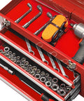 20.5 Inch Portable Steel Tool Box With Top Box And Three Drawers Red Powder Coat Finish showing open drawers with tools