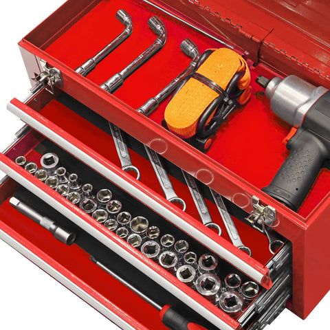20.5 Inch Portable Steel Tool Box With Top Box And Three Drawers Red Powder Coat Finish showing open drawers with tools