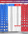 Blue and red 76-pc thread checker gauge with 34 standard, 26 metric, and 16 screw sizes; nut and bolt size finder