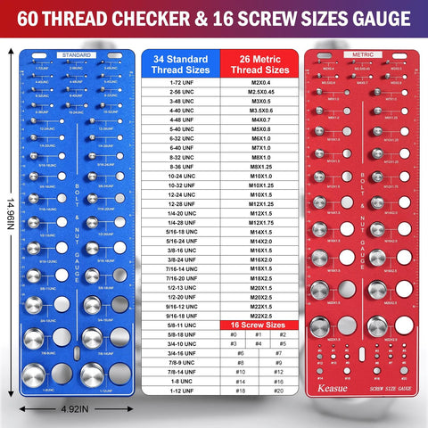 Blue and red 76-pc thread checker gauge with 34 standard, 26 metric, and 16 screw sizes; nut and bolt size finder