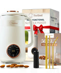 8-In-1 Nut Milk Maker With 32 Oz Capacity For Almond Milk Oat Milk Soy Milk Coconut Dairy Free Milks Plant Based Milk Delay Start Self Cleaning 50 Recipe Cookbook And Milk Frother displayed with accessories and box.