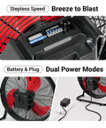 18 Inch High Velocity Brushless Floor Fan With Dual Power DC AC, Delivers 2500 CFM, 5 Speed Beast Of A Heavy Duty Metal Shop Fan For Home, Garage, Attic And Camping, Cordless With 18V Battery Not Included, Tool Only close-up showing control panel and dual power options with battery and plug.