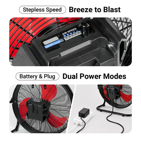 18 Inch High Velocity Brushless Floor Fan With Dual Power DC AC, Delivers 2500 CFM, 5 Speed Beast Of A Heavy Duty Metal Shop Fan For Home, Garage, Attic And Camping, Cordless With 18V Battery Not Included, Tool Only close-up showing control panel and dual power options with battery and plug.