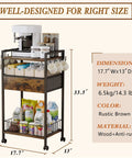 Compact Coffee Bar Cart With Secure Drawer And Hanging Mug Rack Real Cool Three Tier Station 17.7x13 inches in rustic brown.