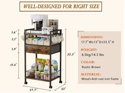 Compact Coffee Bar Cart With Secure Drawer And Hanging Mug Rack Real Cool Three Tier Station 17.7x13 inches in rustic brown.