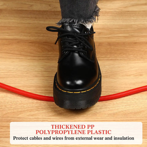 Quarter Inch Split Wire Loom Tubing Provides Straight Up Tough Cable Conduit Protection That Shuts Down Pet Chewing Threats While Keeping Your Electric Wire Cord Arrangement Crisp And Zero Hassle In Bold Red under black boot