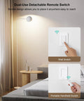 Remote Control Outlet Wall Switch With 200 Ft RF Range Plug And Play Wireless Power Switch For Lamps And Household Lights 15A 1875W High Power ETL Listed Detachable Dual Use Remote For Easy Hands Free Control showing wall and handheld switches