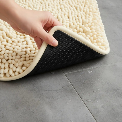 Heavy Duty Rug Gripper Pads With Adhesive Strips For Non Slip Carpet Corners shown applied under a rug on tile floor
