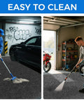 Heavy Duty Garage Floor Mat With Adhesive Backing For Under Car Work Area Oil And Water Resistant Grippy Non Slip Protector Absorbent Fabric With Waterproof Backing Garage Rugs And Mats To Guard Floors From Spills being cleaned in a garage by two people using a broom and a spray washer.
