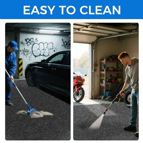 Heavy Duty Garage Floor Mat With Adhesive Backing For Under Car Work Area Oil And Water Resistant Grippy Non Slip Protector Absorbent Fabric With Waterproof Backing Garage Rugs And Mats To Guard Floors From Spills being cleaned in a garage by two people using a broom and a spray washer.