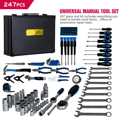 247 Piece Basic Home Repair Tool Set With Aluminum Case And Ample Pocket Storage, showing organized array of hand tools