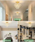 Lit Gold Crystal Chandelier Mini Ceiling Light Modern Flush Mount With Raindrop Crystals in hallway, bedroom, and cloakroom