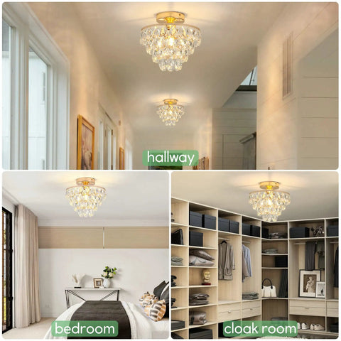 Lit Gold Crystal Chandelier Mini Ceiling Light Modern Flush Mount With Raindrop Crystals in hallway, bedroom, and cloakroom