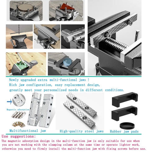 Versatile Clamp On Bench And Table Vise With 360 Degree Rotation showcasing multifunctional jaws and accessory close-ups.