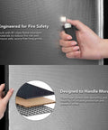 Hands demonstrating fire safety and layered material of foldable large 3D printer enclosure tent with aluminum insulation and viewing window.
