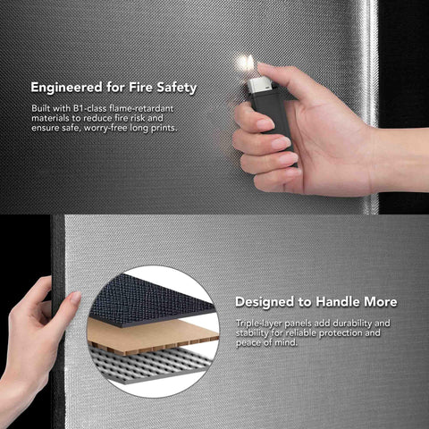 Hands demonstrating fire safety and layered material of foldable large 3D printer enclosure tent with aluminum insulation and viewing window.