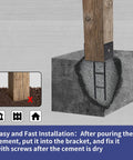 Installation diagram of Beefy 4 Pack U Shape Post Anchors For Concrete 6x6 Post Base with wood post in concrete foundation.