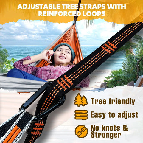 Person relaxing in Ultra Light Travel Camping Hammock With 300kg Load Capacity 275x140 Cm Parachute Nylon near beach.