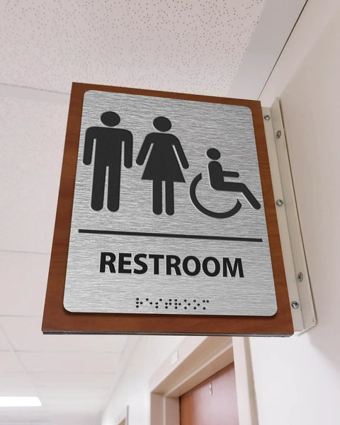 Modern Restroom Sign For Business That Keeps It ADA Compliant With Braille Grade 2 Raised Icons Easy Install Brushed Aluminum Door Sign 6 Inch Wide By 8 Inch High Contemporary Look For Any Space