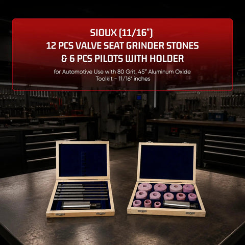 Valve Seat Grinder Stones Kit For Automotive Cylinder Heads Sioux Style Combo with 12 grinding stones, 6 pilots, and holders