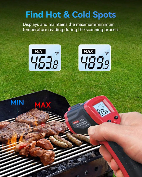 Infrared Thermometer Gun For Cooking And Grilling, Non Contact Digital IR Temperature Meter in use on BBQ grill displaying temperatures.
