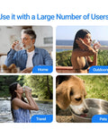 Diverse users including a man at home, woman outdoors, woman traveling, and dog using Gravity Water Filter Replacement For Berkey BB9-2 Compatible Systems Black Carbon Filters With Purewell ProOne And Waterdrop Gravity Filters NSF ANSI 42 And 372 Certified 2 Pack