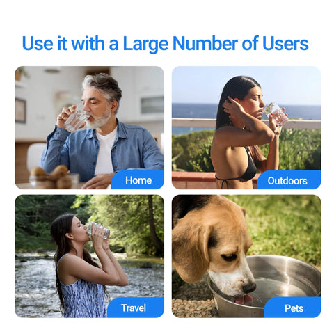 Diverse users including a man at home, woman outdoors, woman traveling, and dog using Gravity Water Filter Replacement For Berkey BB9-2 Compatible Systems Black Carbon Filters With Purewell ProOne And Waterdrop Gravity Filters NSF ANSI 42 And 372 Certified 2 Pack