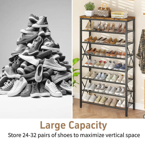 Heavy Duty 8 Tier Metal Shoe Rack Organizer That Holds 32 Pairs With Adjustable Shelves And Rustic Wood Top Space Saving Entryway Closet Garage Hallway Or Bedroom Storage In Black And Rustic Brown