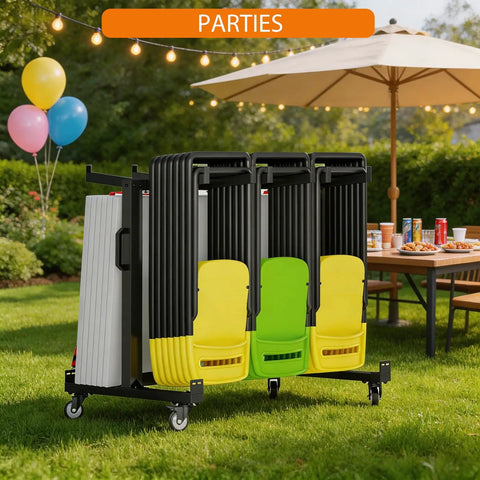 One Stop Folding Chair And Table Storage Cart With Rolling Wheels Holds 42 Chairs And 12 Tables Includes Rain Cover And Bungee Cords Perfect For Schools Banquets And Community Centers in a garden setting with party decorations