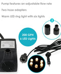 Plug And Play Compact Submersible Water Pump With Adjustable Flow 200 GPH 12V 12W White LED Light Transformer Included features
