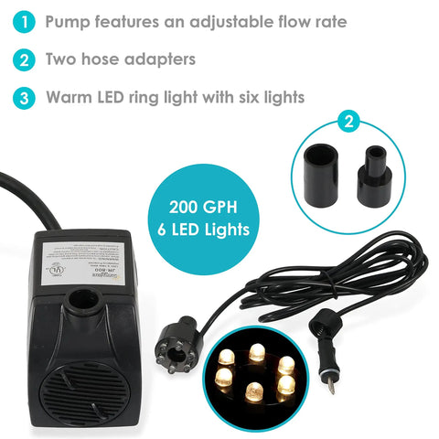 Plug And Play Compact Submersible Water Pump With Adjustable Flow 200 GPH 12V 12W White LED Light Transformer Included features