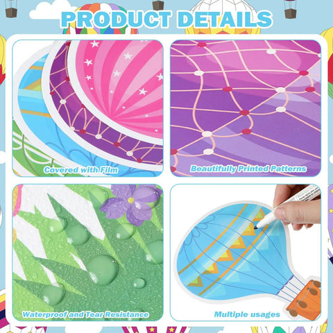 Close-up details of Dream Big Bulletin Board Set 66 Pieces with Hot Air Balloons, Cloud Borders, and Sky Decor for Classrooms.