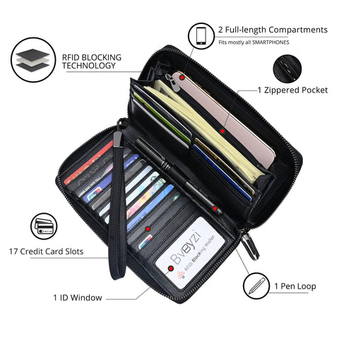 Women RFID Blocking Leather Wallet Zip Around Phone Clutch With Large Capacity 17 Card Slots And ID Window Travel Pouch Wristlet Genuine Leather Organizer For Everyday Carry Stylish Black showing open interior with cards