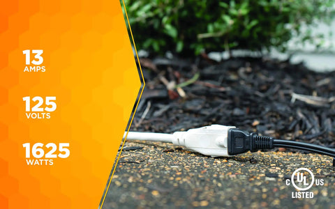 Outdoor Extension Cord 40 Foot 16 Gauge SJTW Three Conductor Weather Resistant White in garden setting with power specs