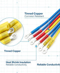 Top Tier 180 Piece Heavy Duty Heat Shrink Wire Connector Kit With Waterproof Marine Grade Ring Fork Spade Butt Terminal Assortment showing tinned copper terminals.
